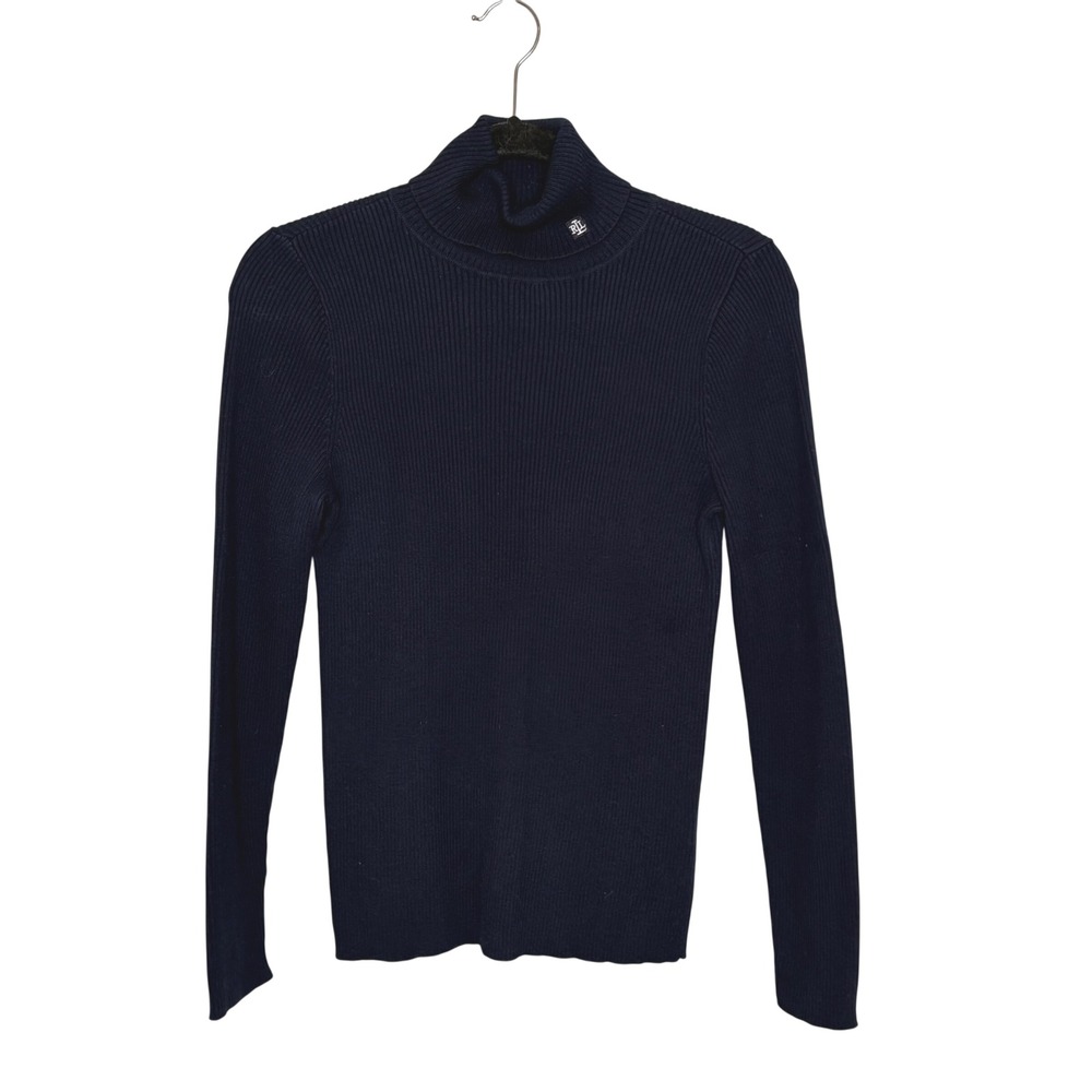 Lauren Ralph Lauren Ribbed Turtleneck Sweater Women Medium Navy Blue Cotton